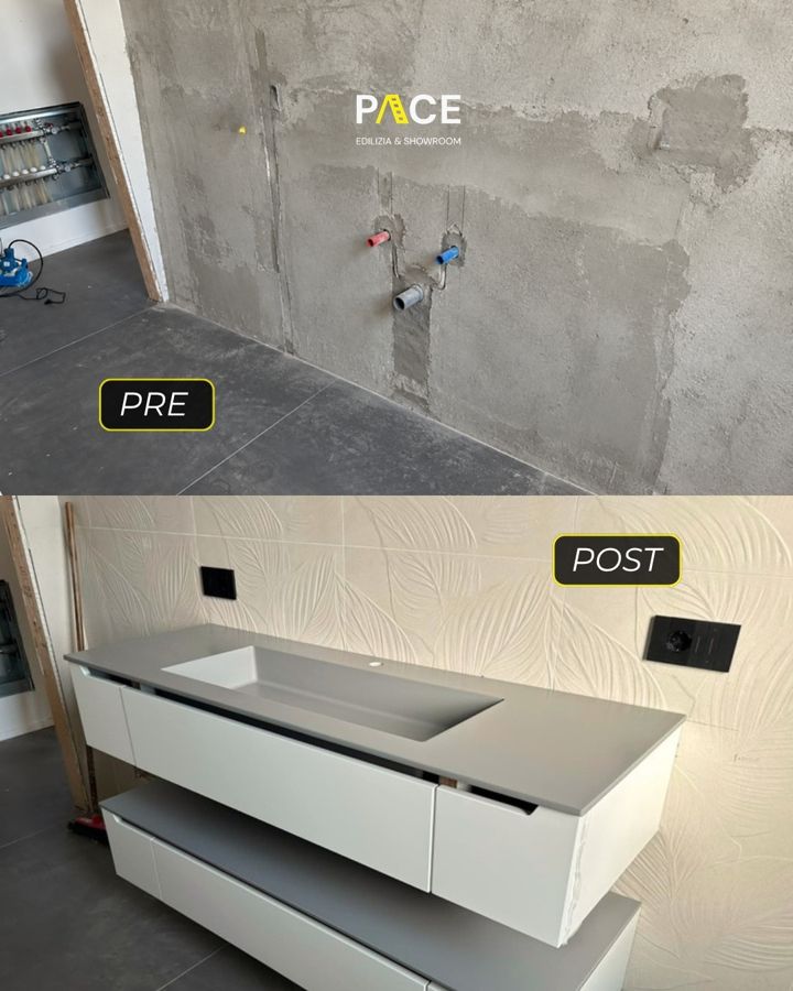 La parete del lavabo prima e dopo i lavori
