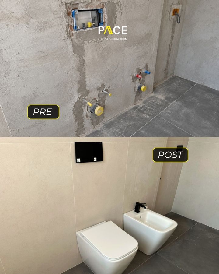 La parete dei sanitari prima e dopo i lavori